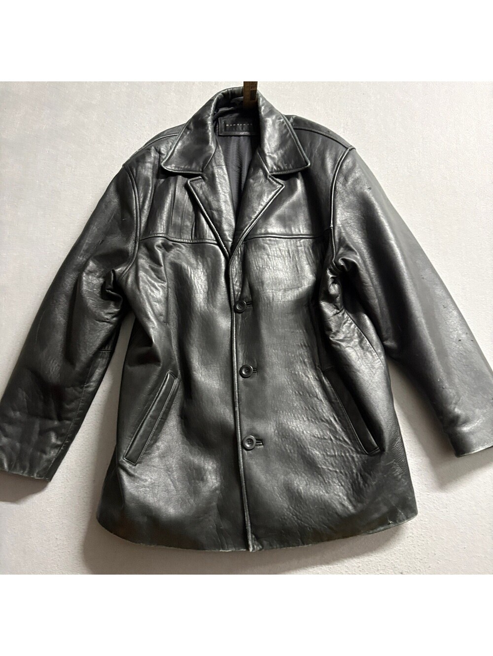Baracuta Mens L Black Leather Jacket Coat Button Front Insulated Mid Length